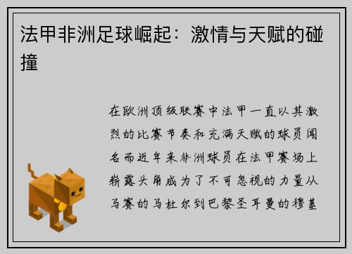 法甲非洲足球崛起:激情与天赋的碰撞
